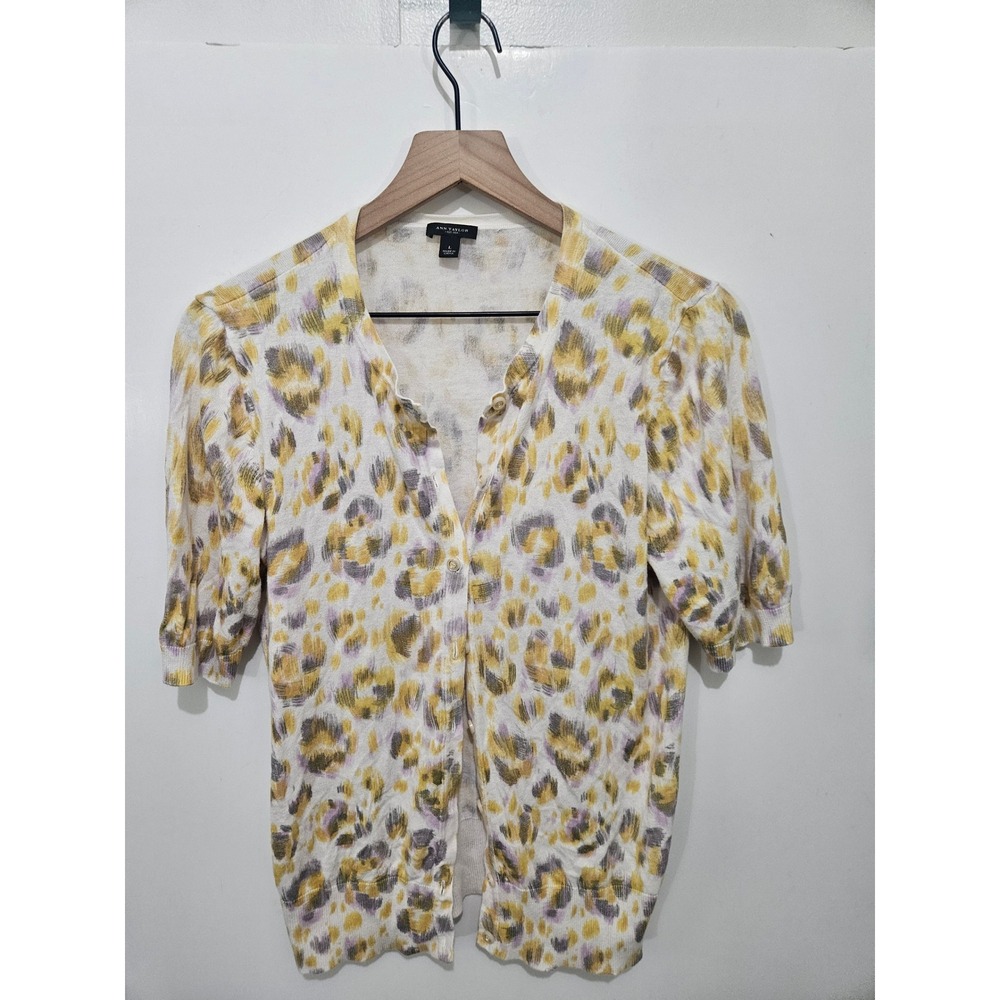 Ann Taylor Women Yellow Purple Abstract Animal Print Short Sleeve Cardigan L